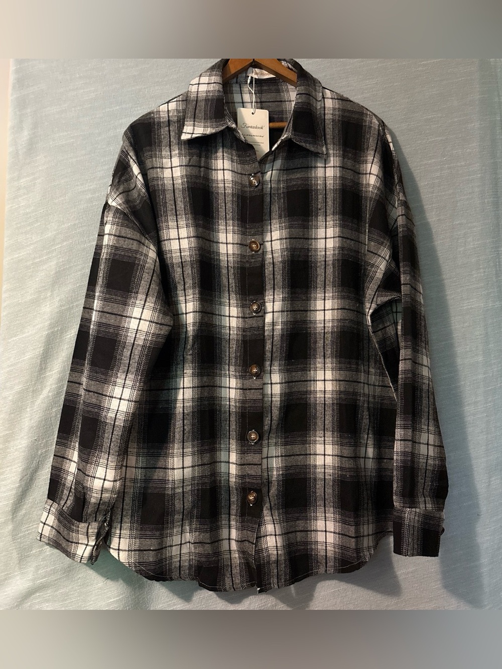 Fantaslook Flannel Shirt Long Sleeve Button Black/White Plaid Women’s Sz L NWT